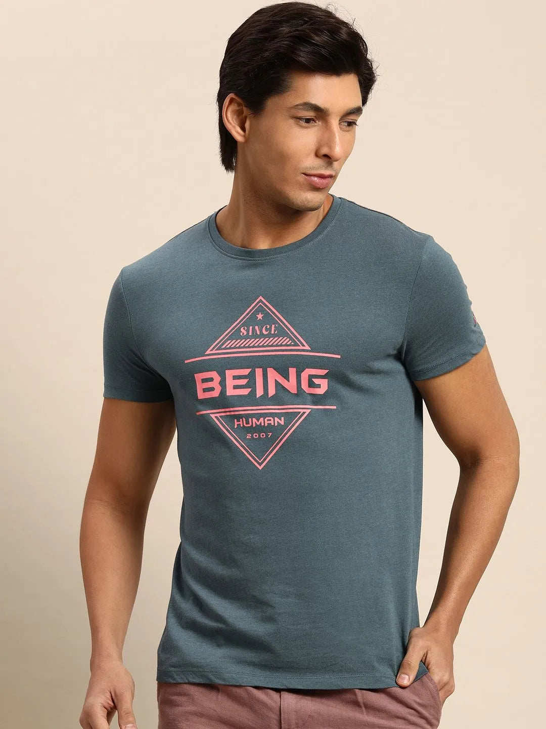 Green Melange Regular Fit Round Neck Men's T-Shirt by Being Human Clothing