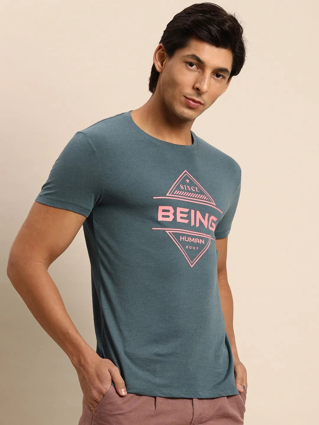 Green Melange Regular Fit Round Neck Men's T-Shirt by Being Human Clothing