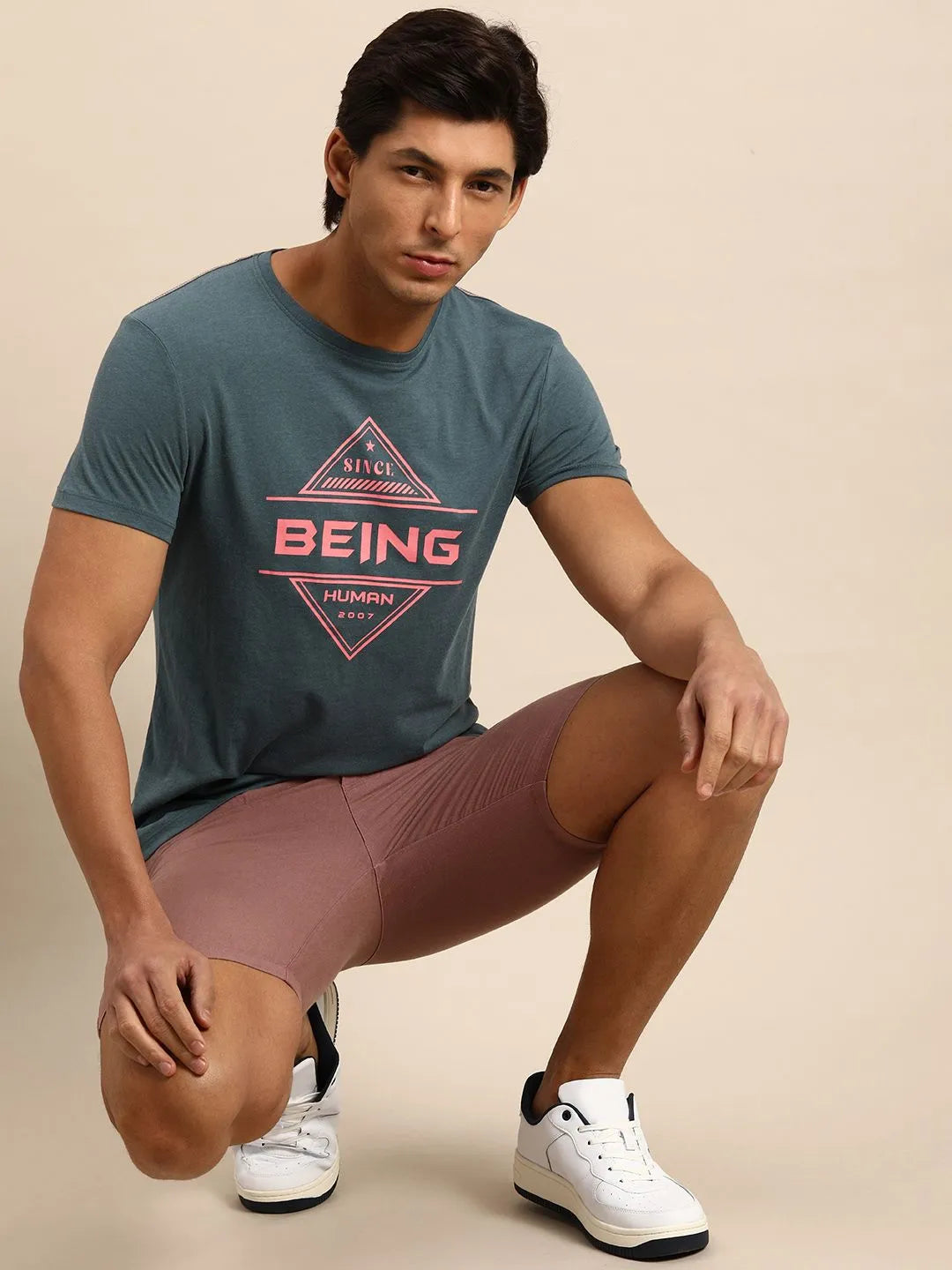 Green Melange Regular Fit Round Neck Men's T-Shirt by Being Human Clothing