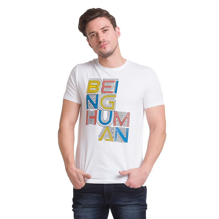 White Regular Fit Round Neck Men's T-Shirt by Being Human Clothing