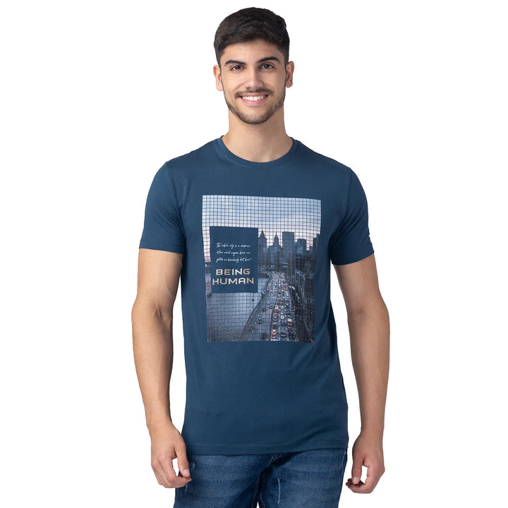 Ocean Blue Regular Fit Round Neck Men's T-Shirt by Being Human Clothing