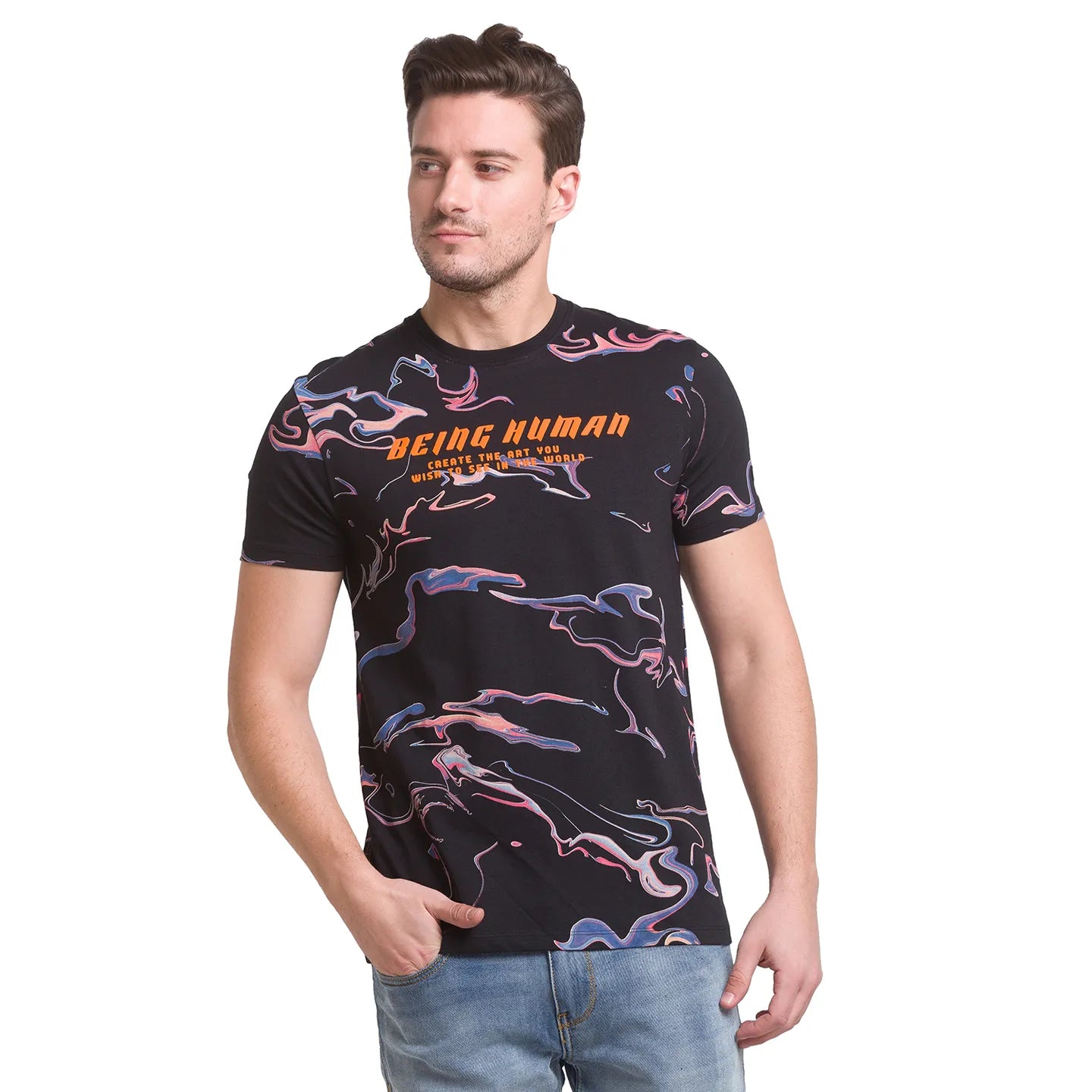 Black Regular Fit Round Neck Men's T-Shirt by Being Human Clothing