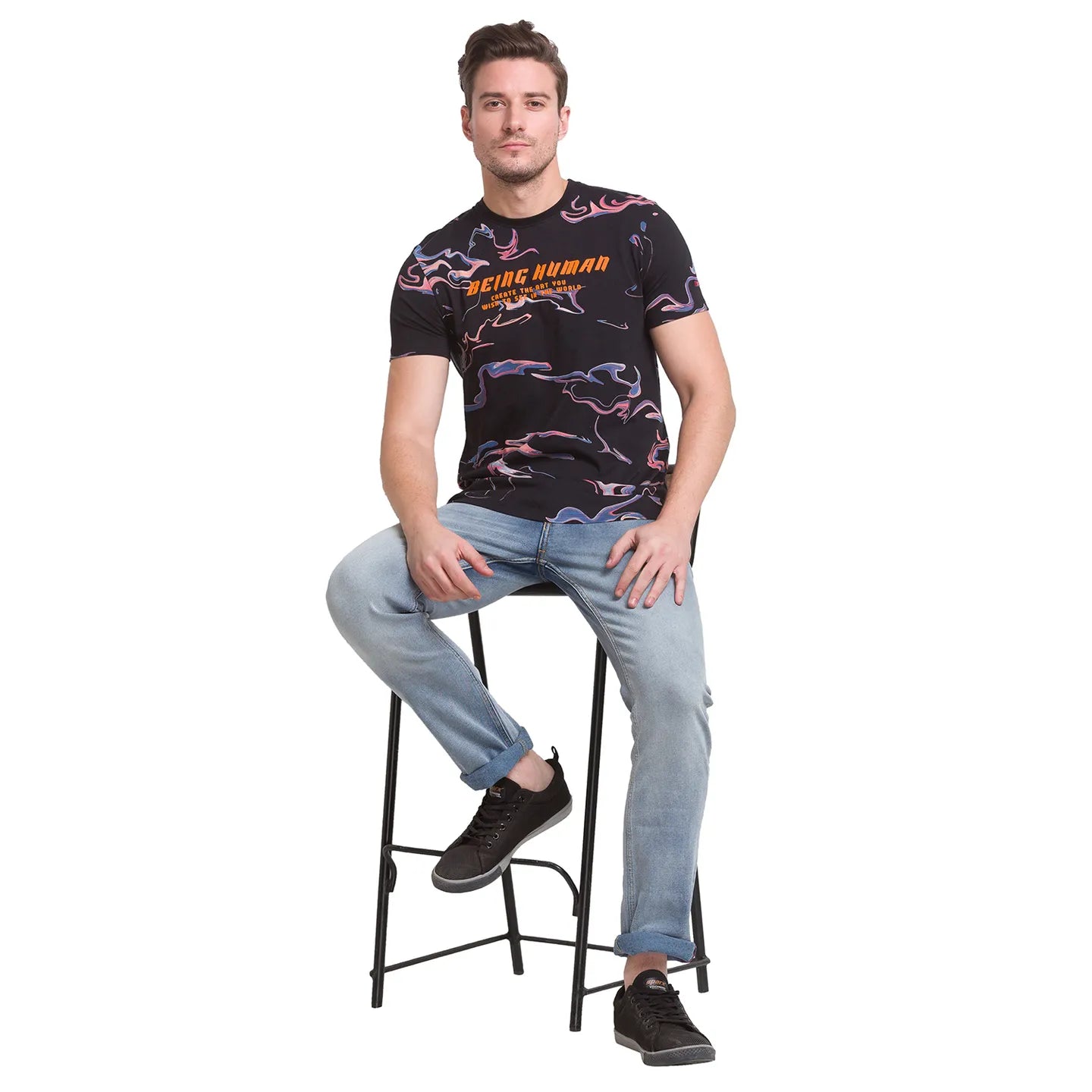 Black Regular Fit Round Neck Men's T-Shirt by Being Human Clothing