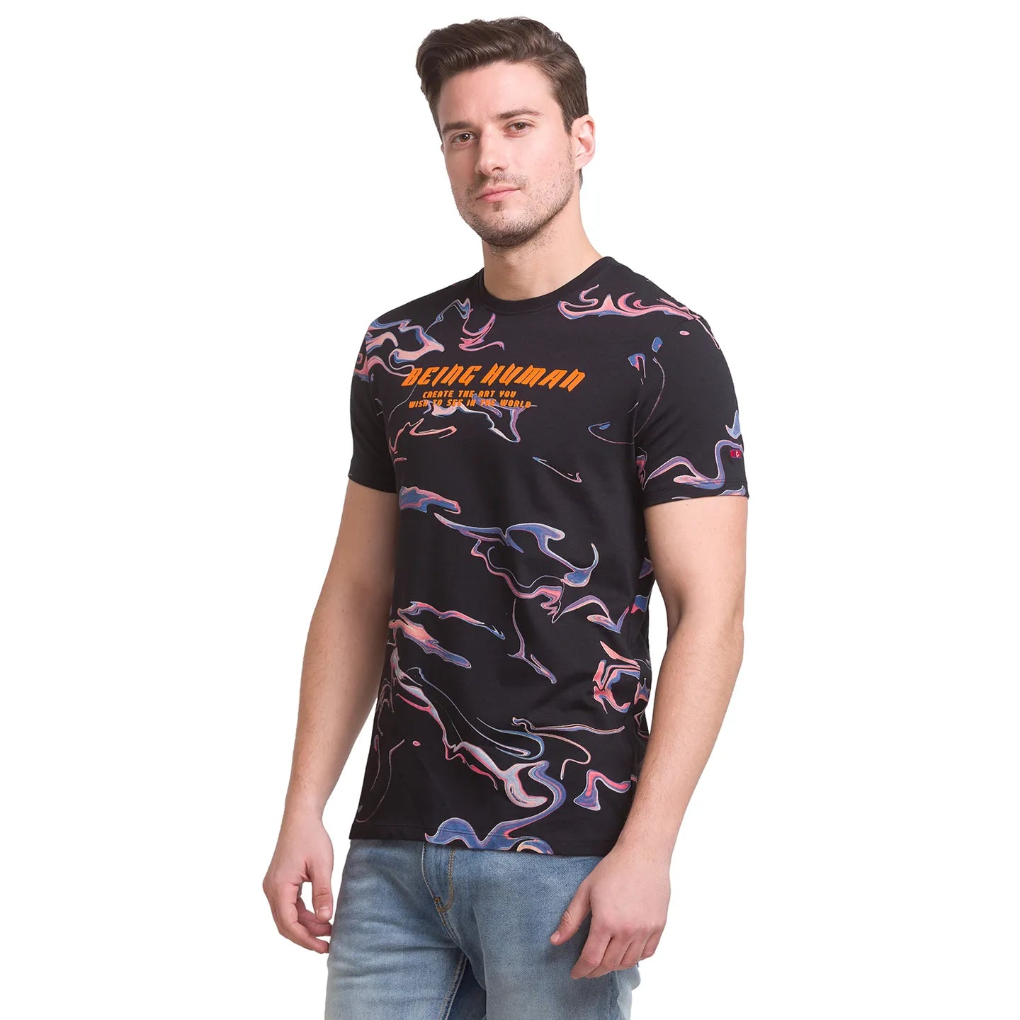 Black Regular Fit Round Neck Men's T-Shirt by Being Human Clothing