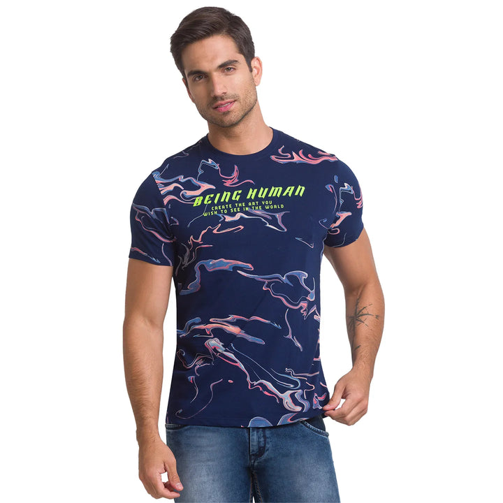 Navy Regular Fit Round Neck Men's T-Shirt by Being Human Clothing
