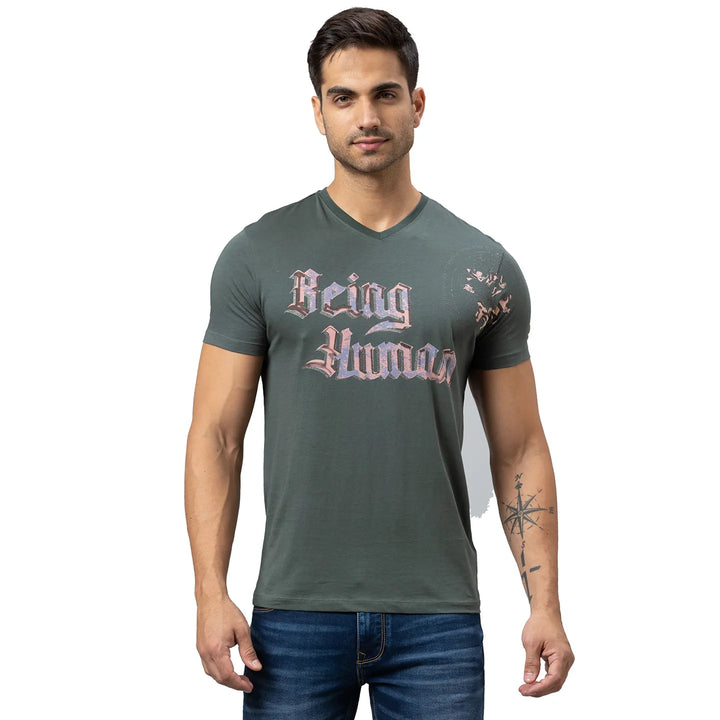 Forest Green Slim Fit Round Neck Men's T-Shirt by Being Human Clothing