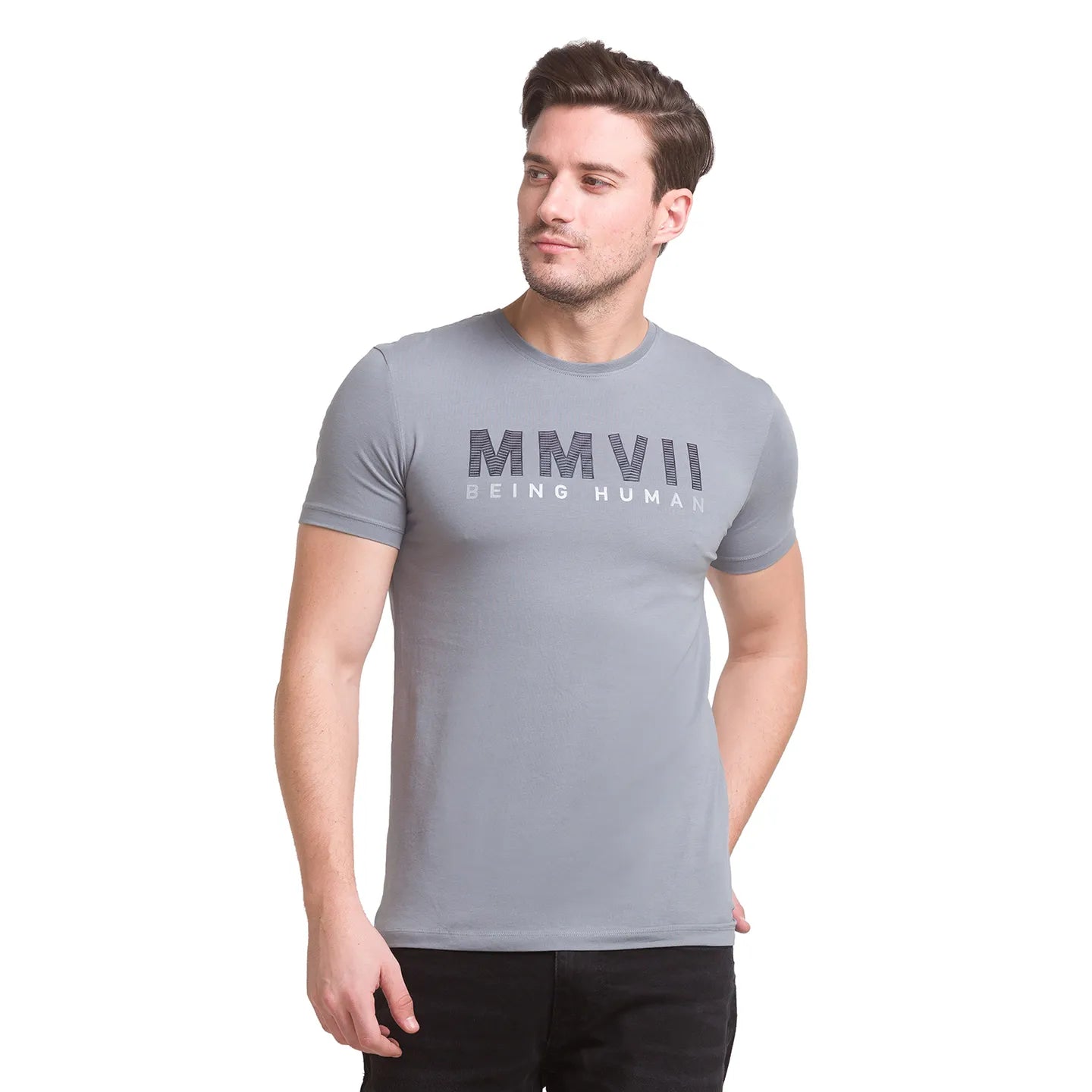Grey Regular Fit Round Neck Men's T-Shirt by Being Human Clothing