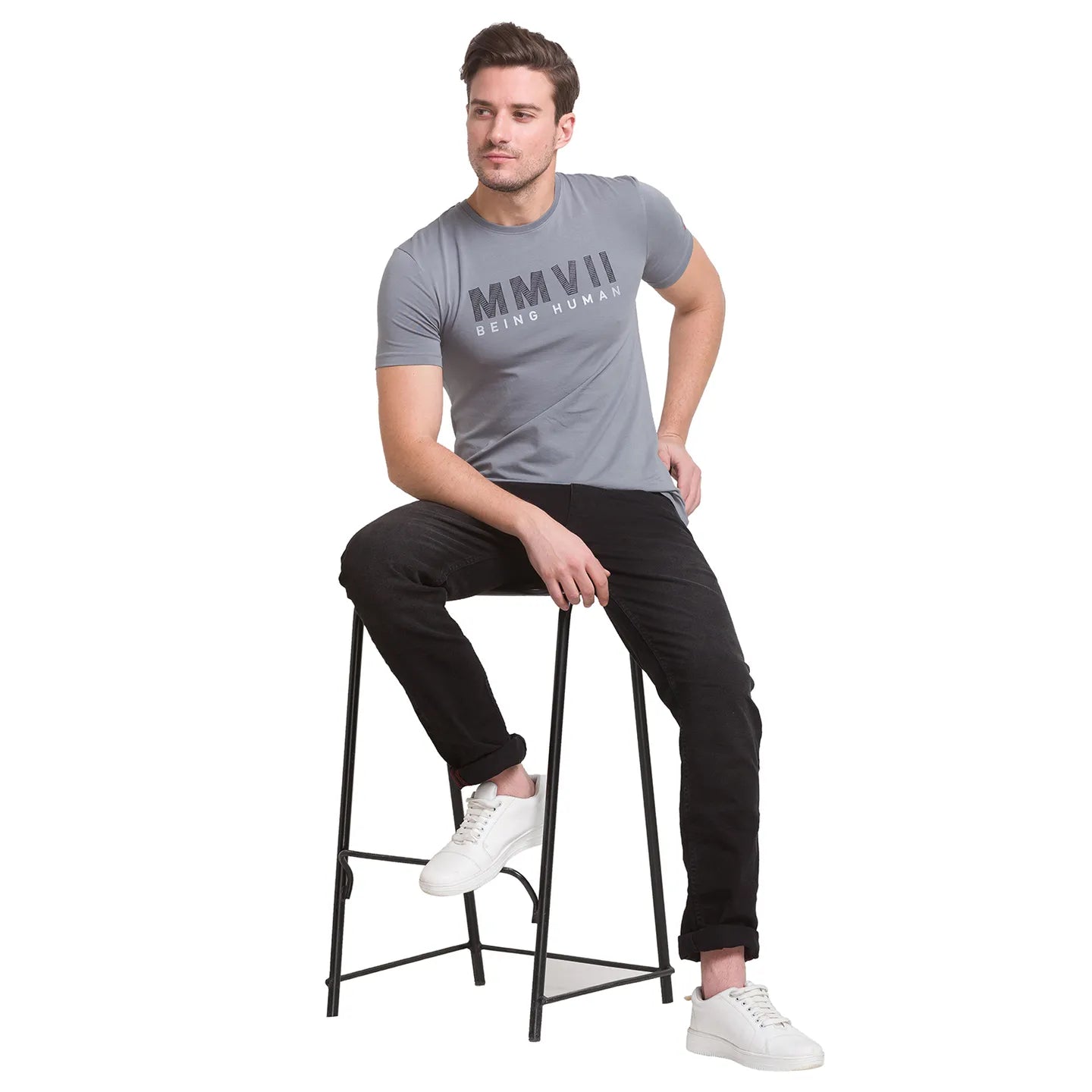 Grey Regular Fit Round Neck Men's T-Shirt by Being Human Clothing