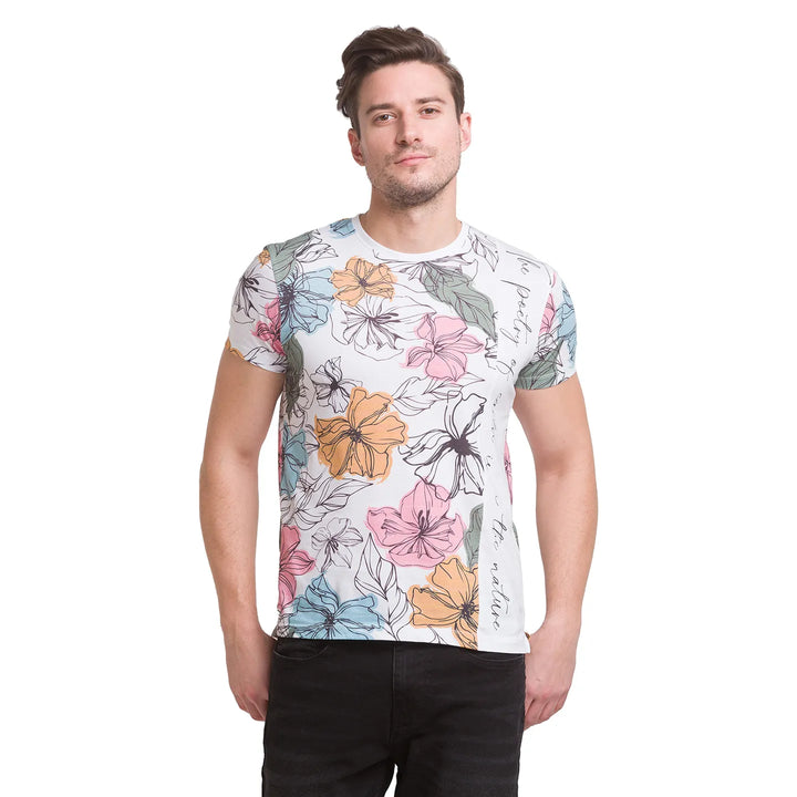 White Floral Printed Round Neck Men's T-Shirt by Being Human Clothing