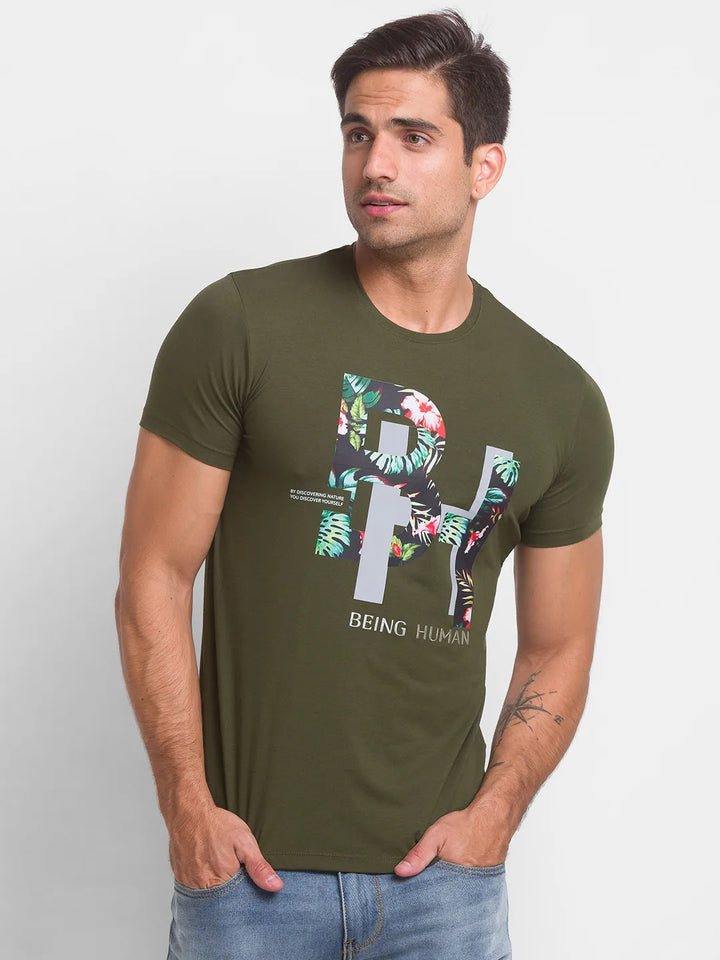Dark Olive Regular Fit Round Neck Men's T-Shirt by Being Human Clothing