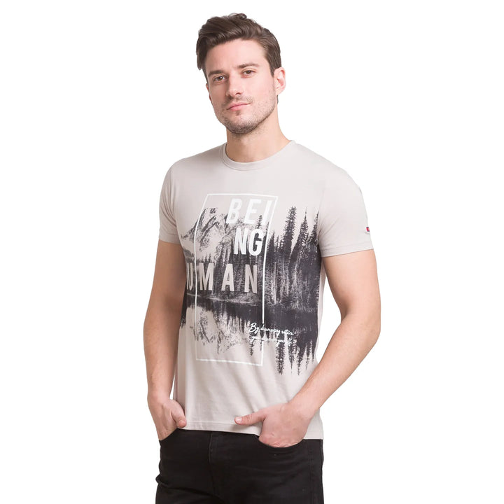 Beige Regular Fit Men's Short Sleeves T-Shirt by Being Human Clothing