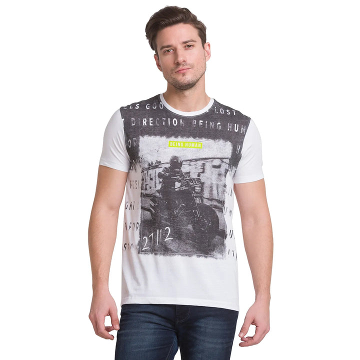 White Printed Regular Fit Round Neck Men's T-Shirt by Being Human Clothing