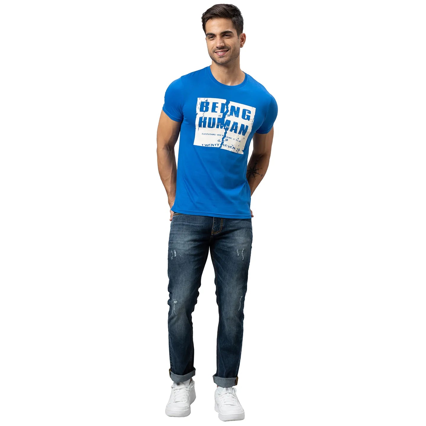 Blue Regular Fit Men's Short Sleeves T-Shirt by Being Human Clothing