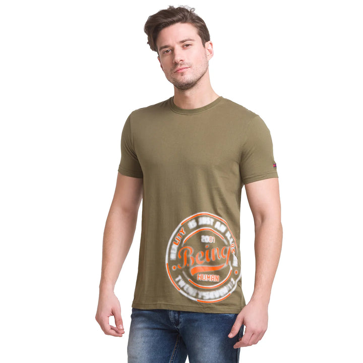 Dark Olive Regular Fit Round Neck Men's T-Shirt by Being Human Clothing