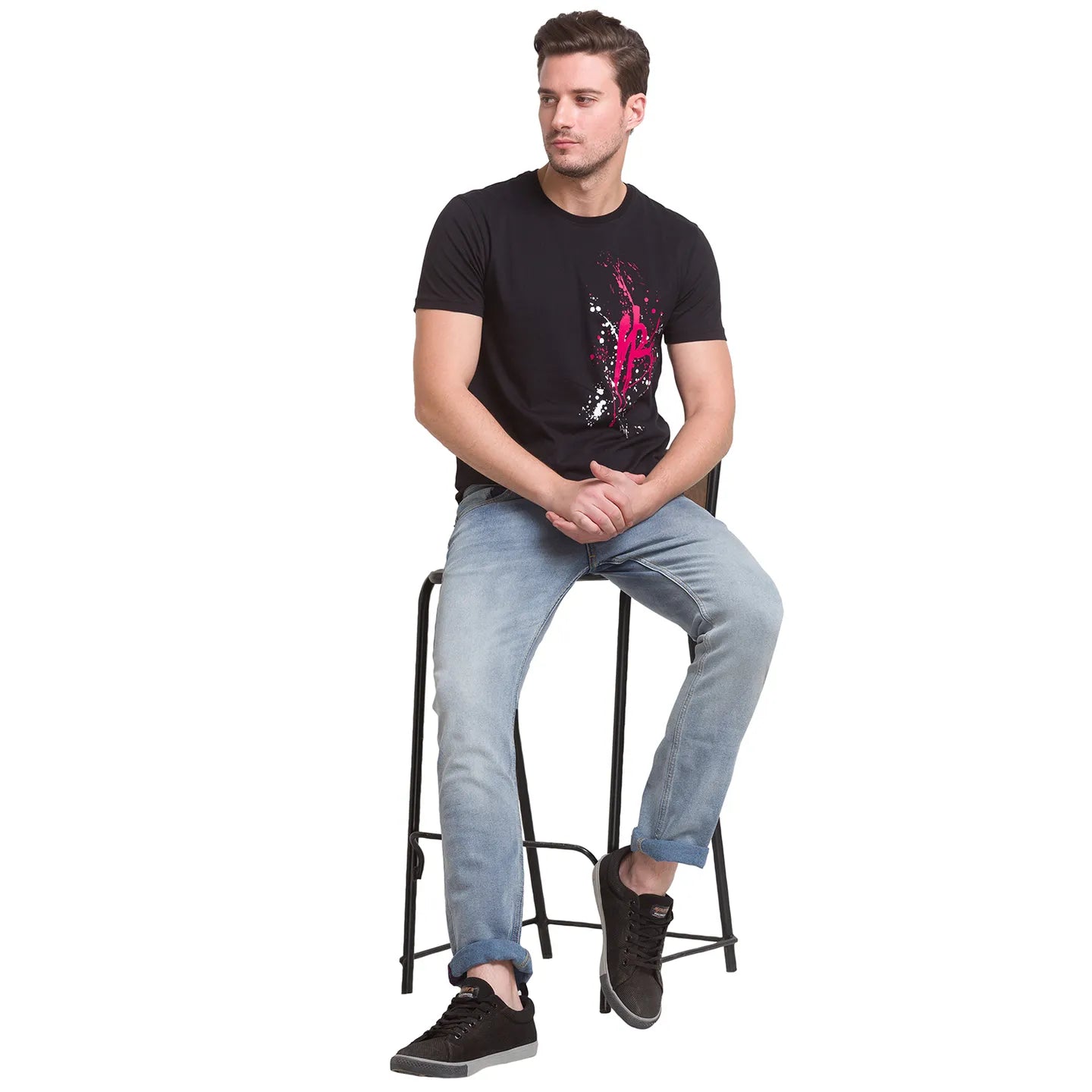 Jet Black Regular Fit Round Neck Mens' T-Shirt by Being Human Clothing