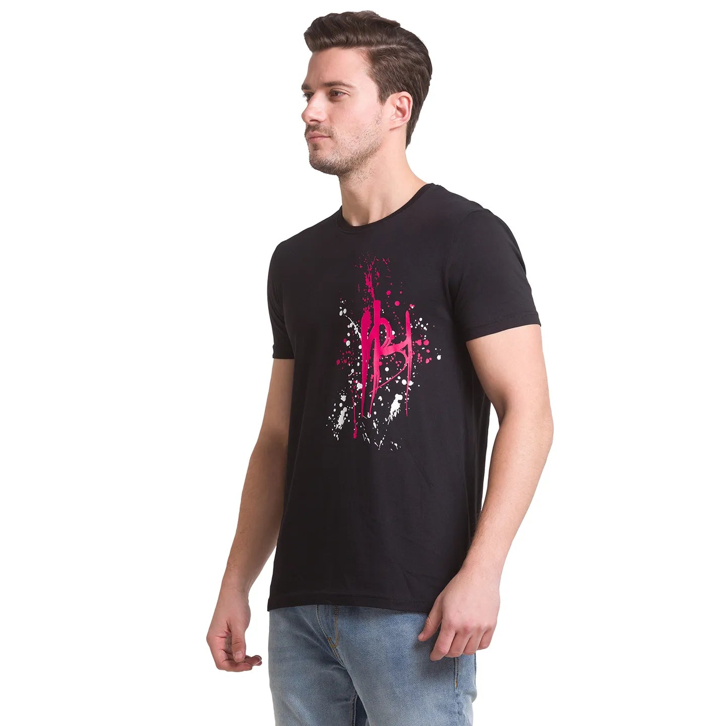Jet Black Regular Fit Round Neck Mens' T-Shirt by Being Human Clothing