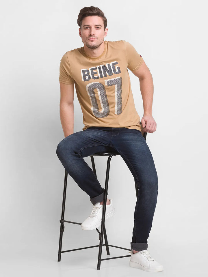 Light Brown Regular Fit Round Neck Men's T-Shirt by Being Human Clothing