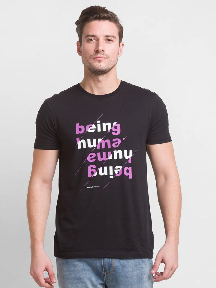 Jet Black Regular Fit Round Neck Men's T-Shirt by Being Human Clothing