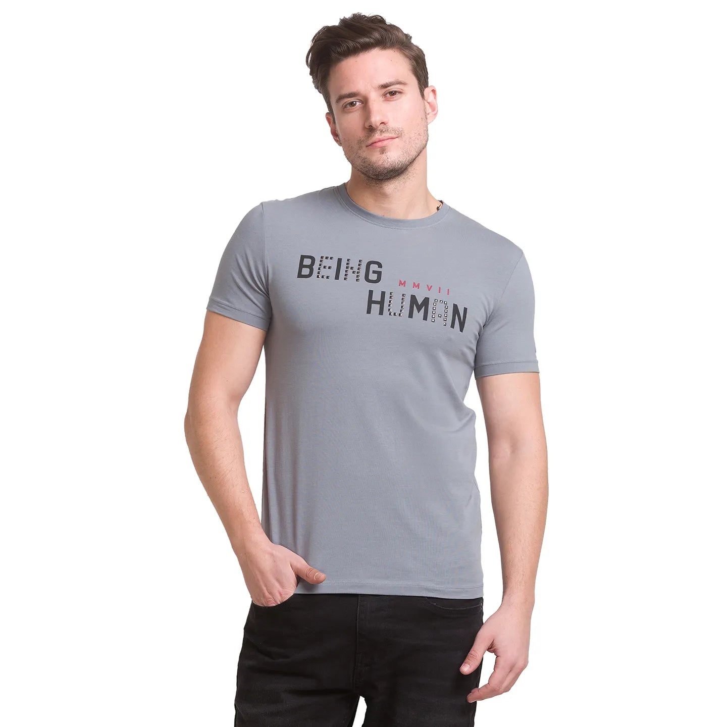 Being Human Clothing Men Slim Fit Crew Neck T-Shirts-Stone Grey