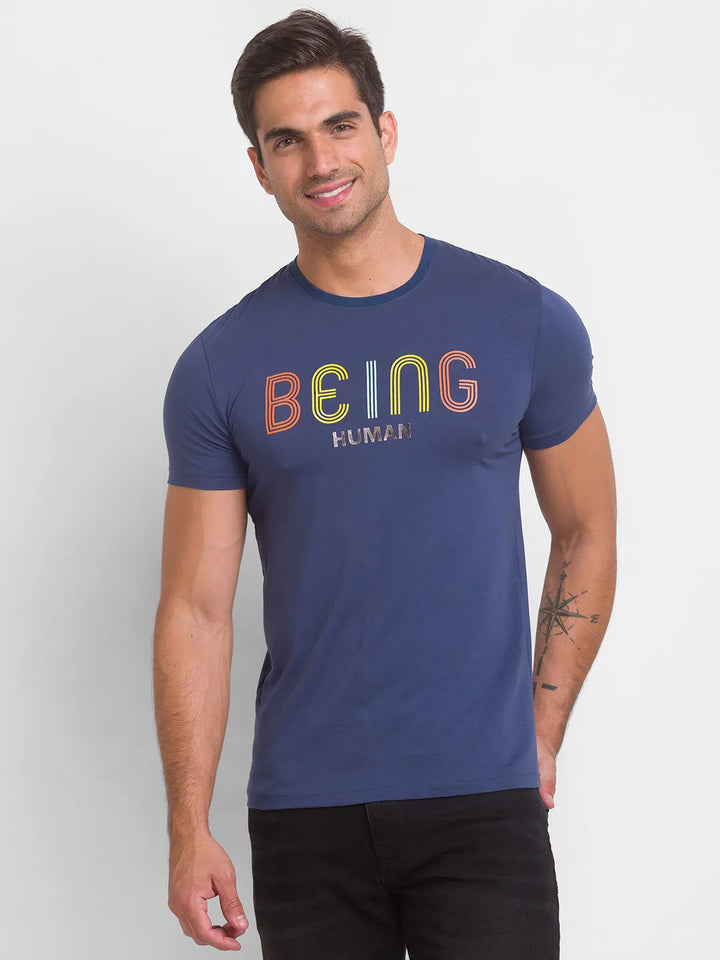 Ocean Blue Slim Fit Round Neck Men's T-Shirt by Being Human Clothing