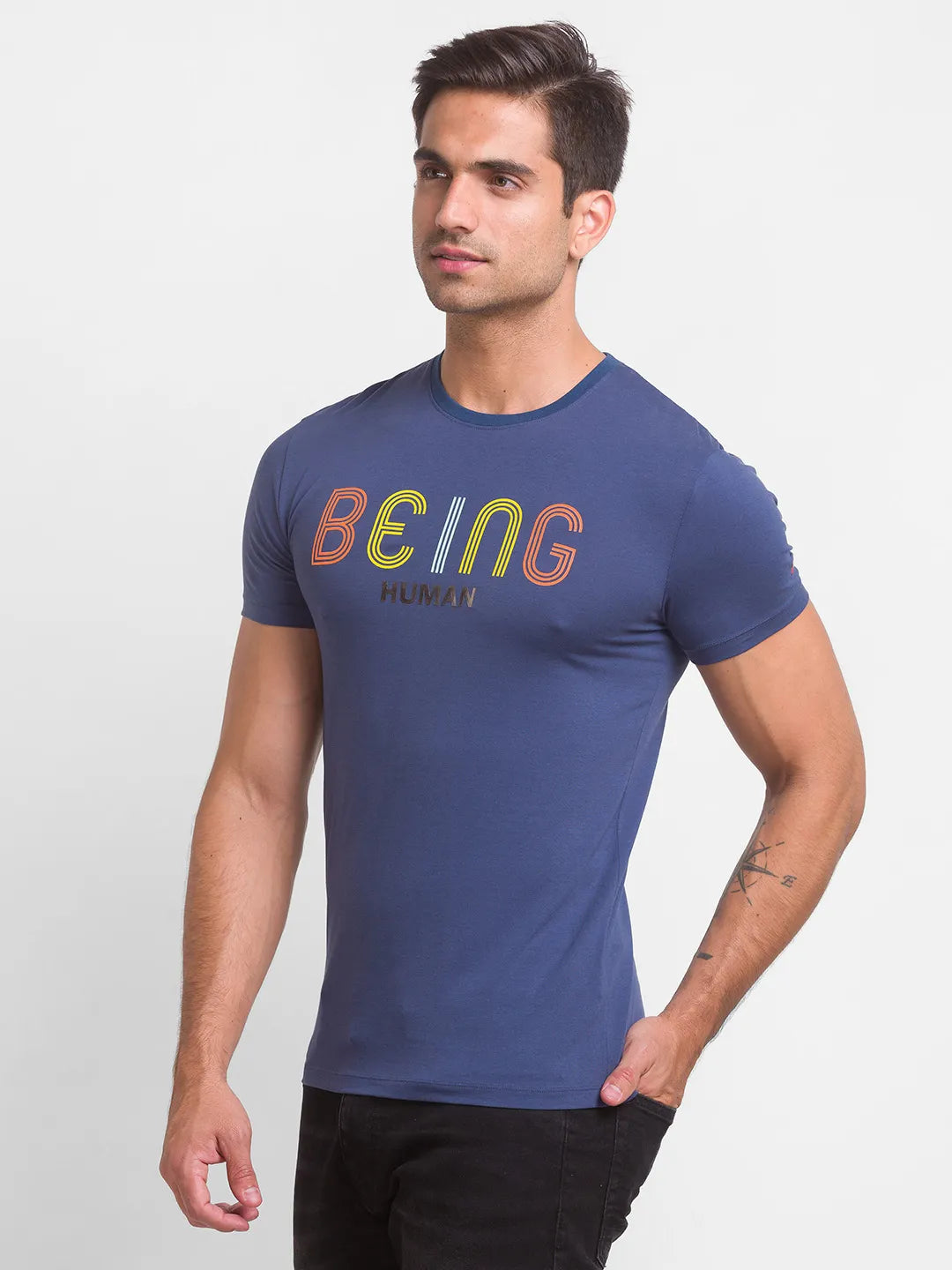 Being Human Clothing Men Slim Fit Crew Neck T-Shirts-Ocean Blue