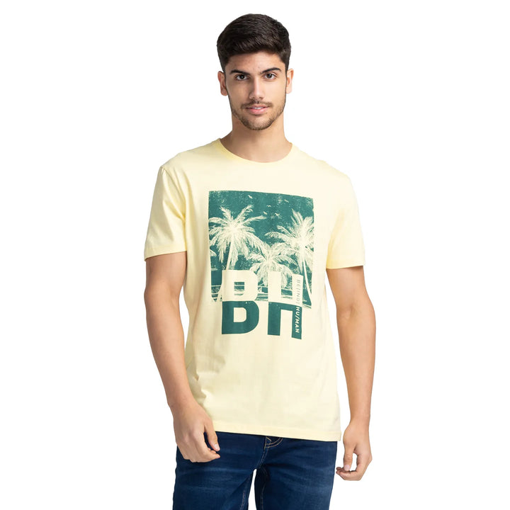 Pale Yellow Regular Fit Round Neck Men's T-Shirt by Being Human Clothing