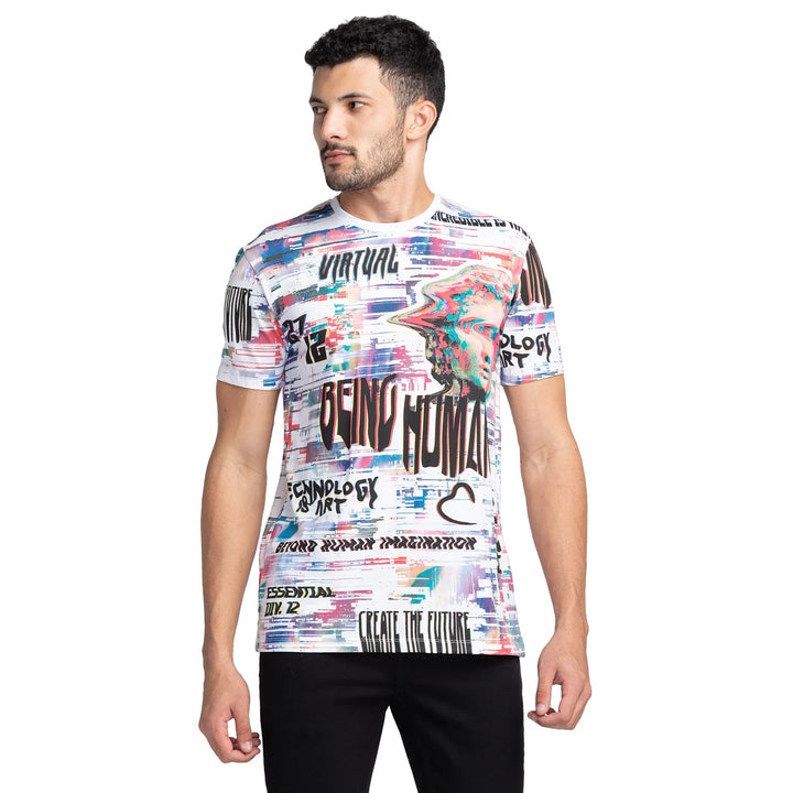 Multicolor Printed Round Neck Men's T-Shirt by Being Human Clothing