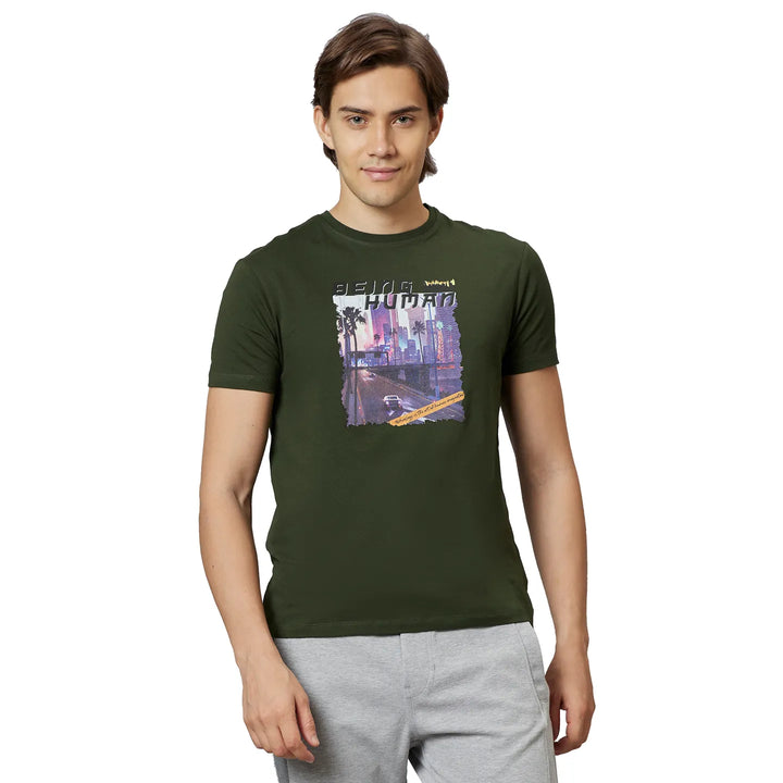 Dark Olive Regular Fit Round Neck Men's T-Shirt by Being Human Clothing