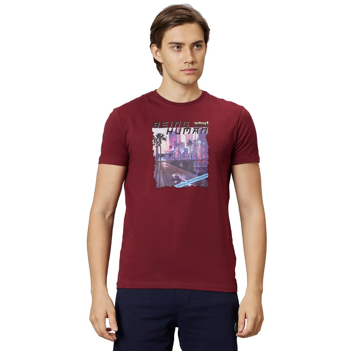 Maroon Regular Fit Round Neck Men's T-Shirt by Being Human Clothing