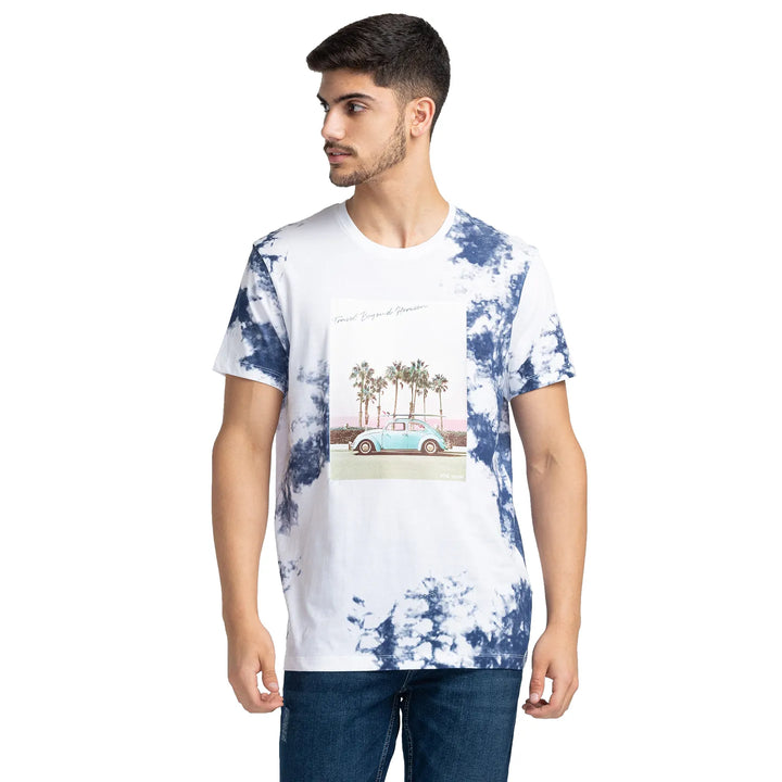 White & Blue Printed Regular Fit Round Neck Men's T-Shirt by Being Human Clothing
