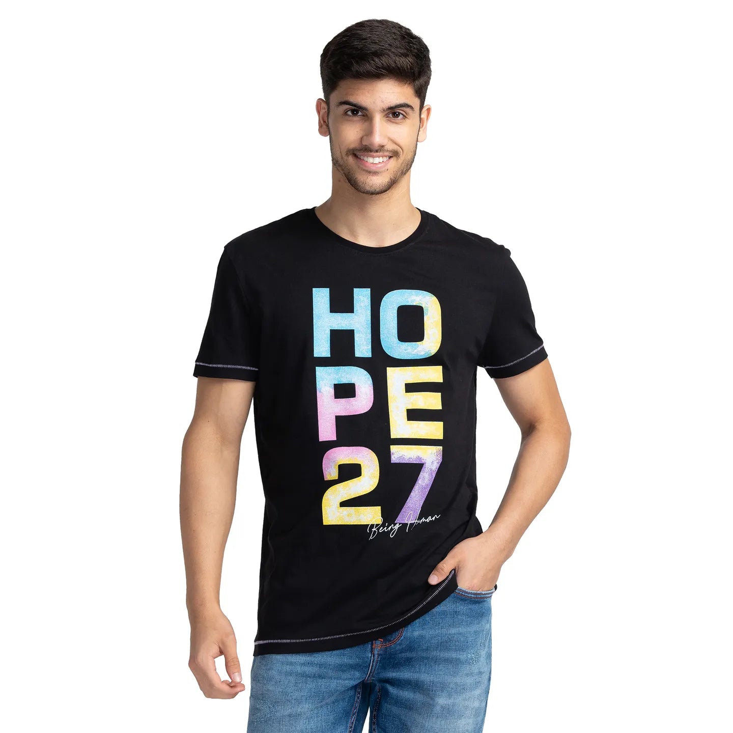 Black Regular Fit Round Neck Men's T-Shirt by Being Human Clothing