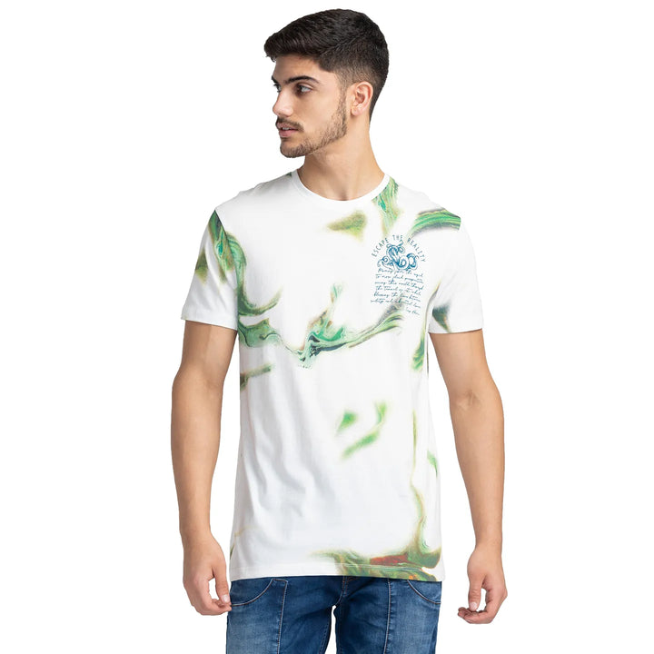 White Abstract Printed Round Neck Men's T-Shirt by Being Human Clothing