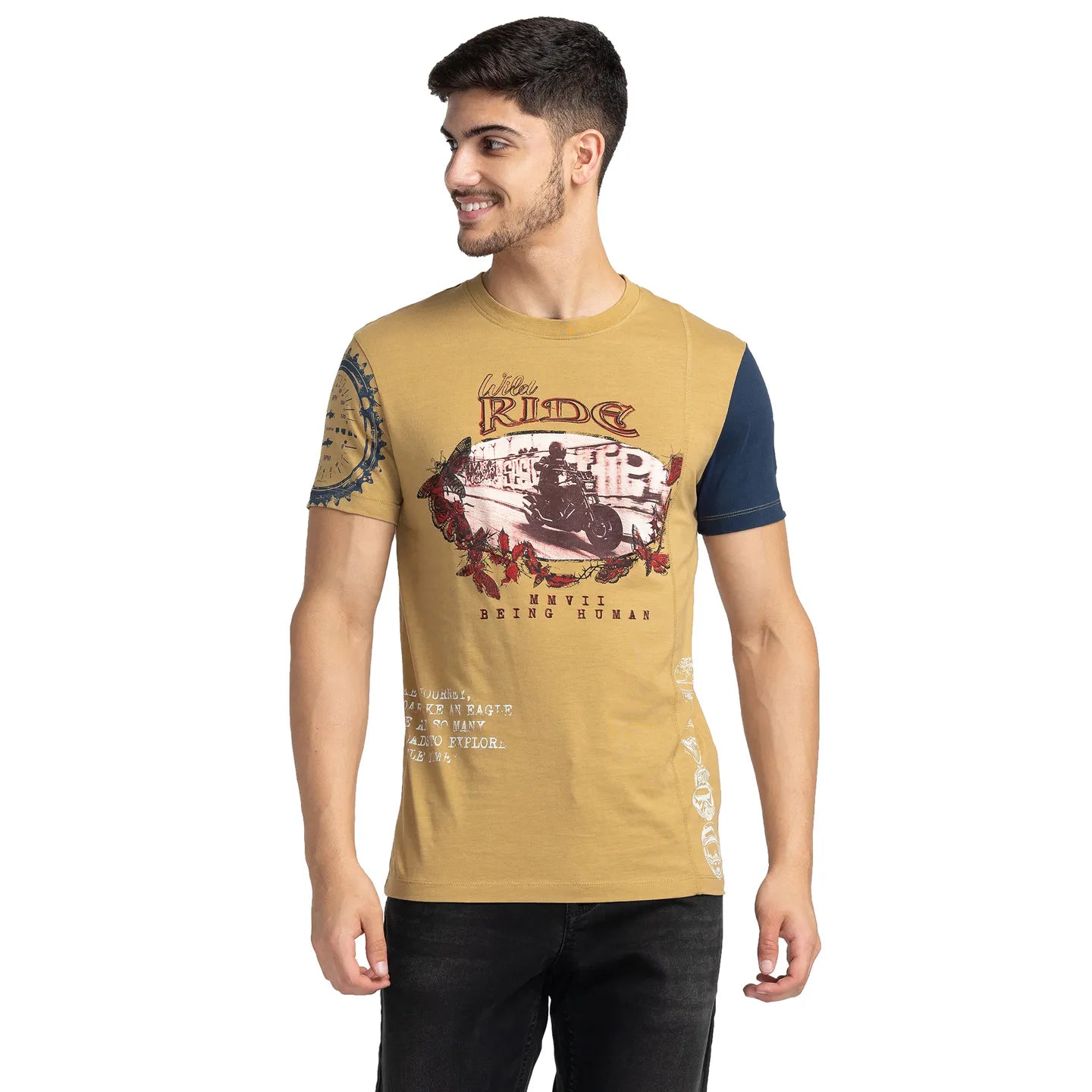 Camel Regular Fit Round Neck Men's T-Shirt by Being Human Clothing