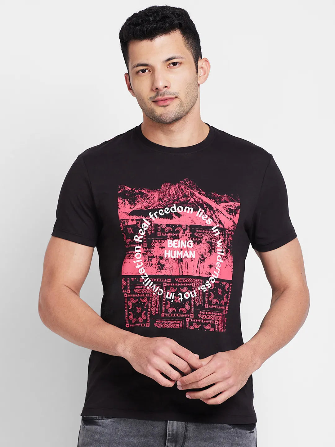 Black Regular Fit Round Neck Mens' T-Shirt by Being Human Clothing