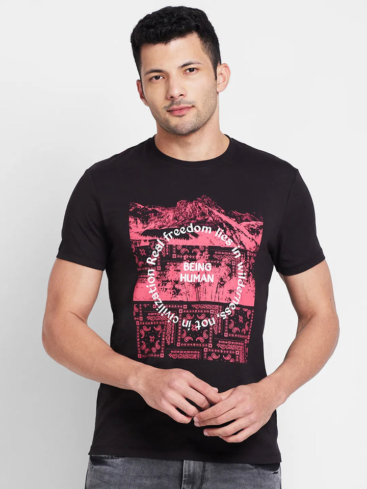 Black Regular Fit Round Neck Men's T-Shirt by Being Human Clothing