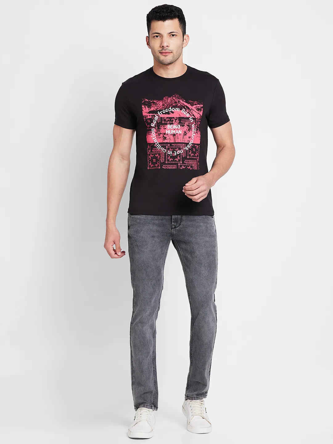 Black Regular Fit Round Neck Mens' T-Shirt by Being Human Clothing