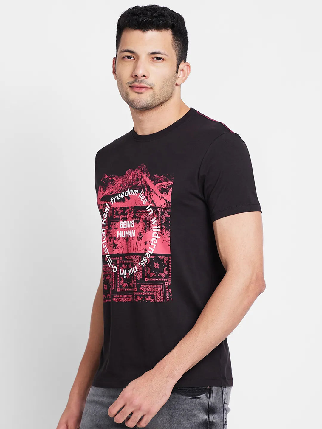 Black Regular Fit Round Neck Mens' T-Shirt by Being Human Clothing