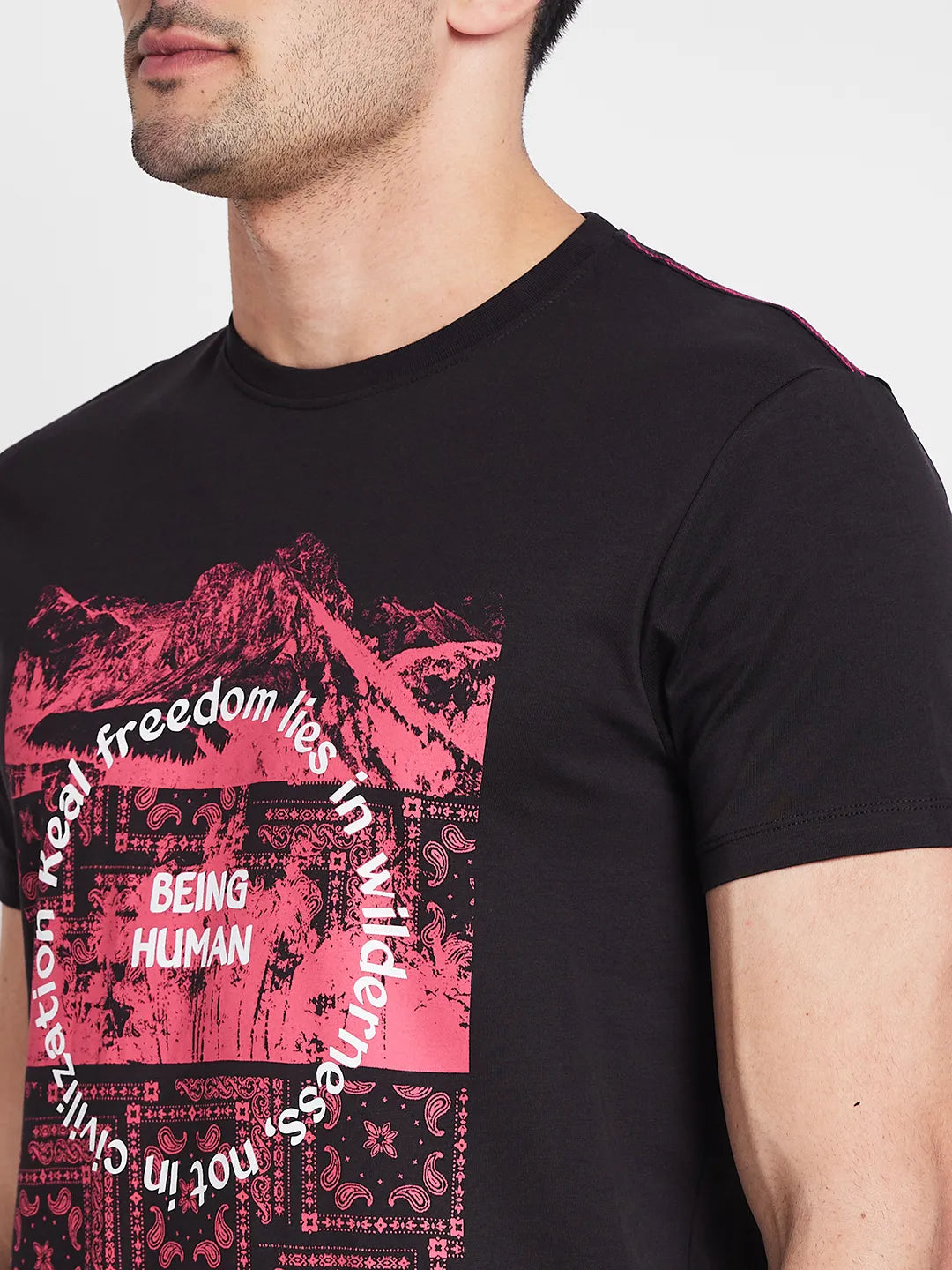 Black Regular Fit Round Neck Mens' T-Shirt by Being Human Clothing