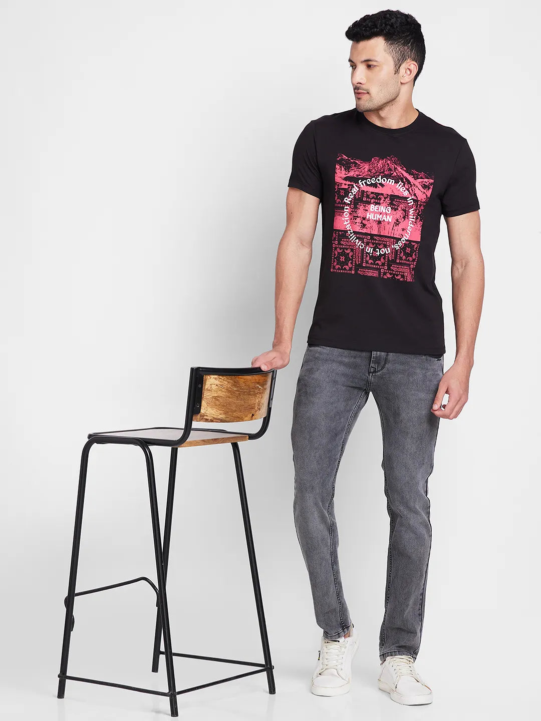 Black Regular Fit Round Neck Mens' T-Shirt by Being Human Clothing