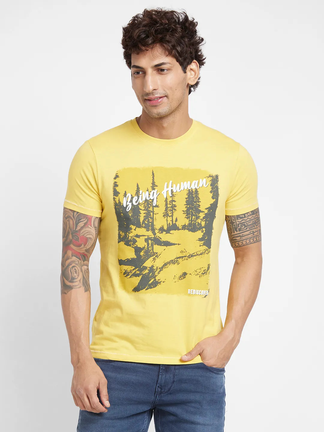 Yellow Regular Fit Round Neck Men's T-Shirt by Being Human Clothing