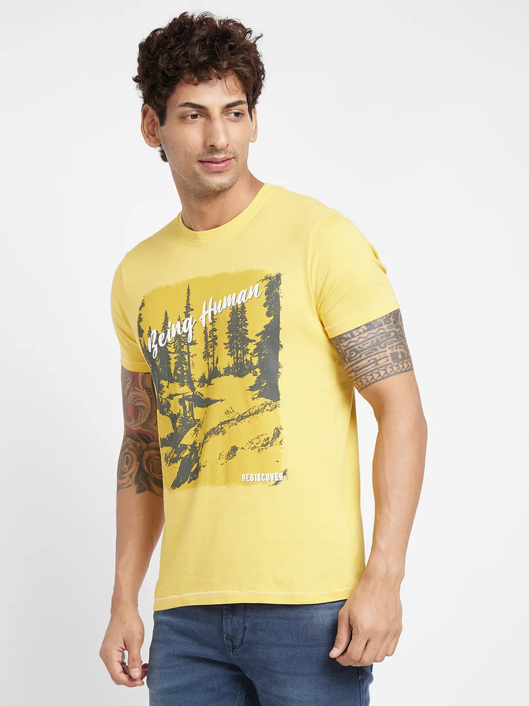 Yellow Regular Fit Round Neck Men's T-Shirt by Being Human Clothing
