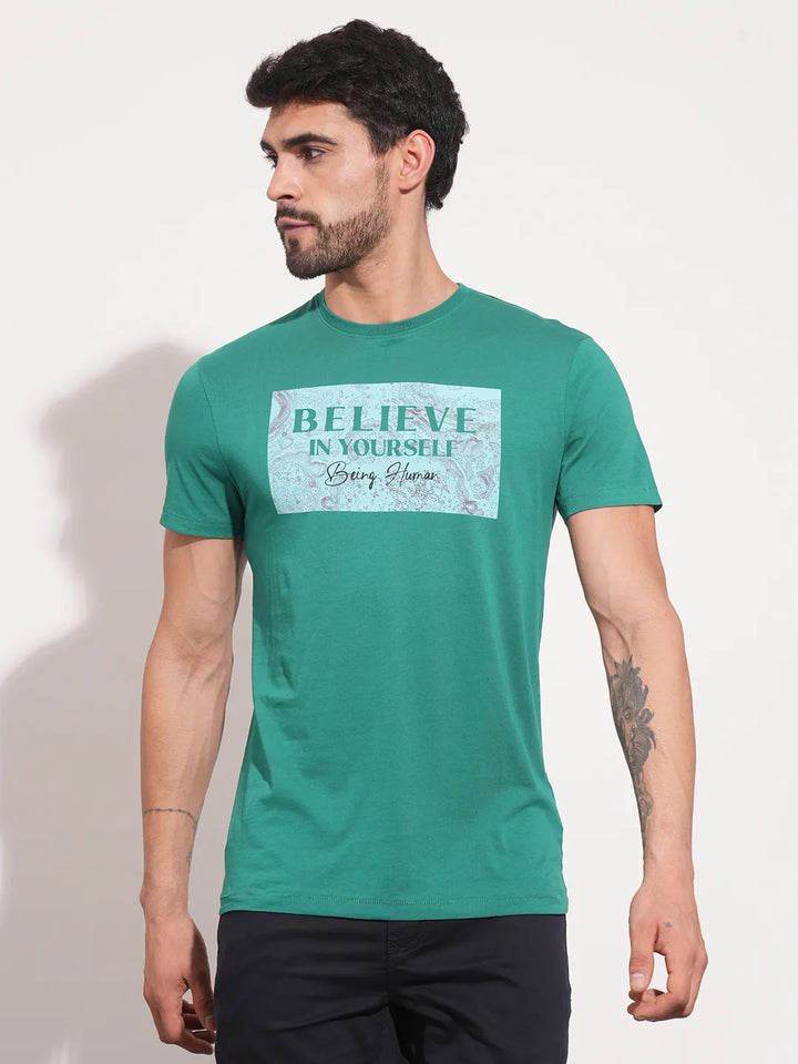 Green Regular Fit Round Neck Men's T-Shirt by Being Human Clothing