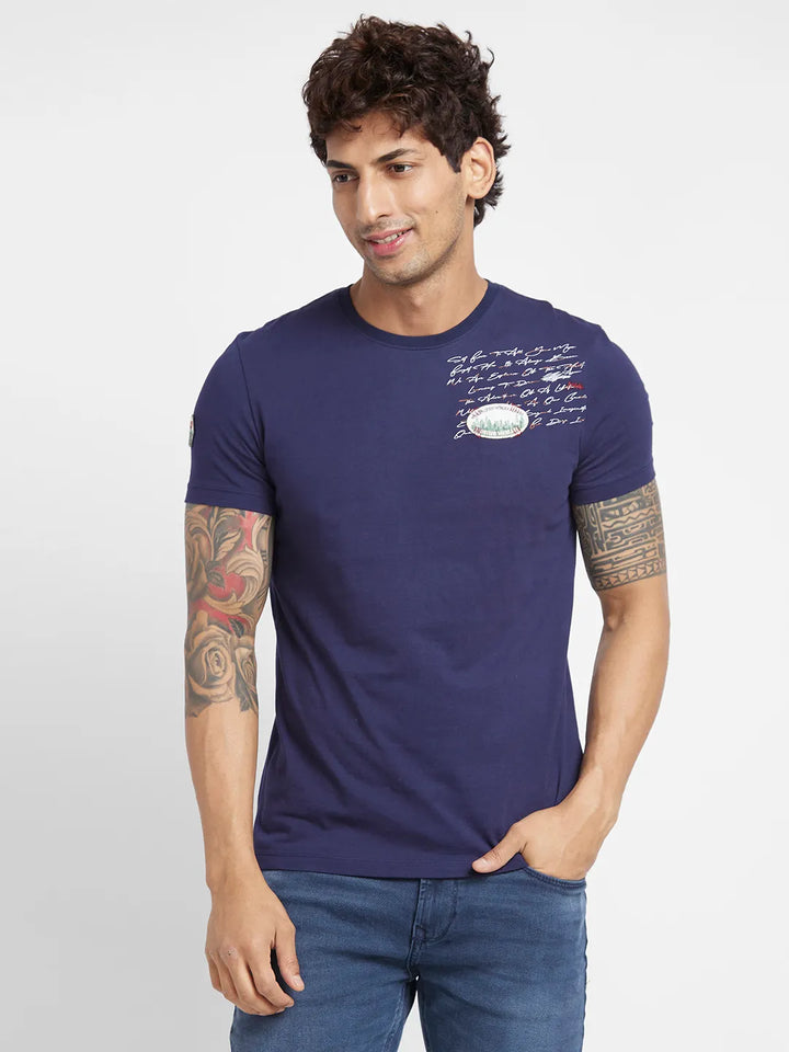 Navy Regular Fit Round Neck Men's T-Shirt by Being Human Clothing