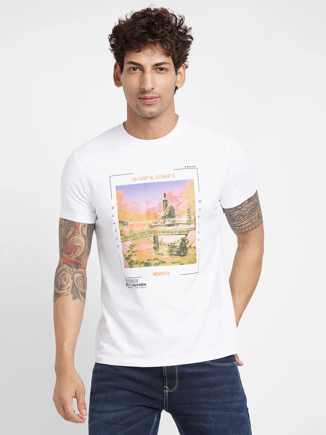 White Regular Fit Round Neck Men's T-Shirt by Being Human Clothing