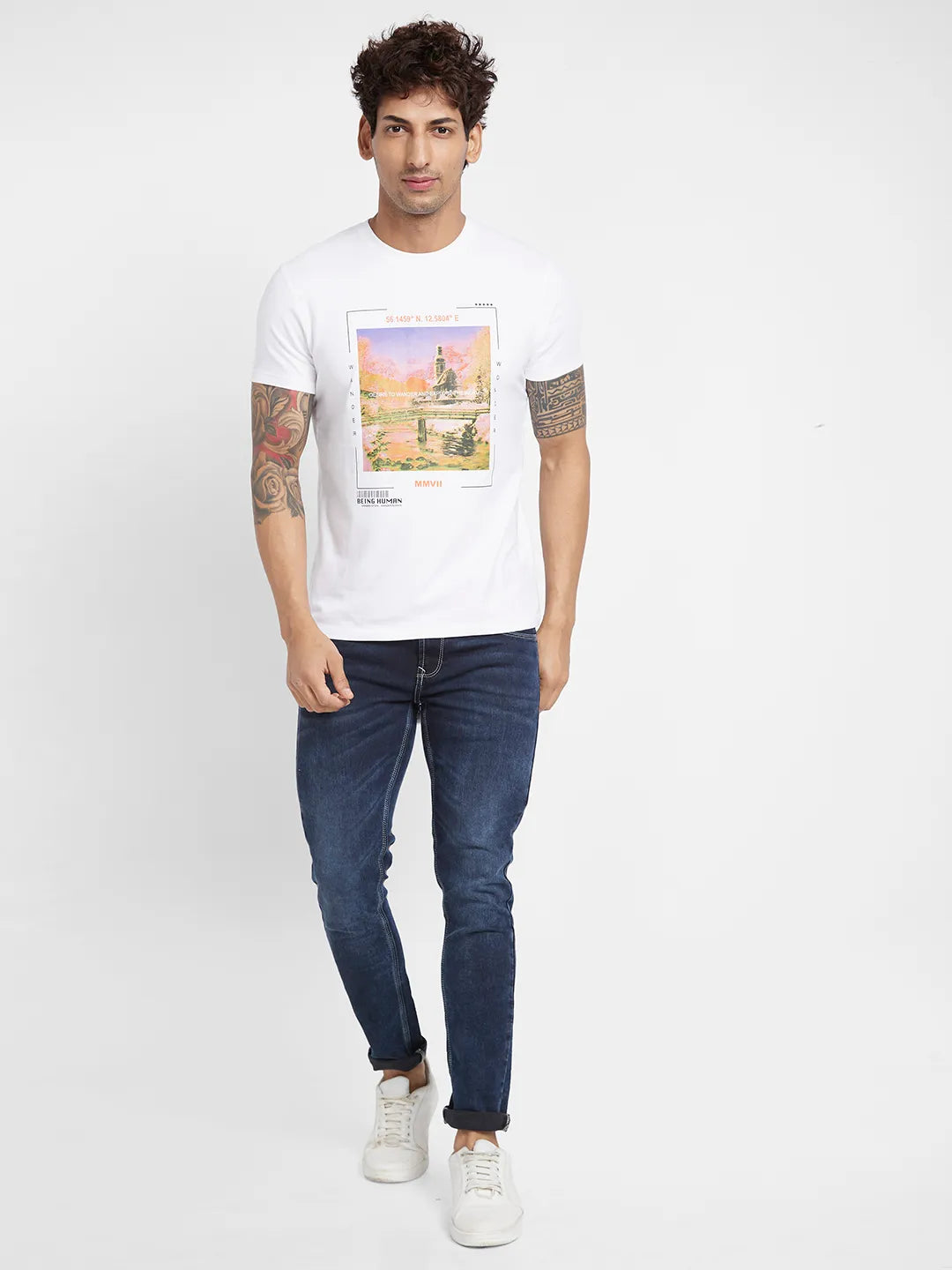 White Regular Fit Round Neck Men's T-Shirt by Being Human Clothing