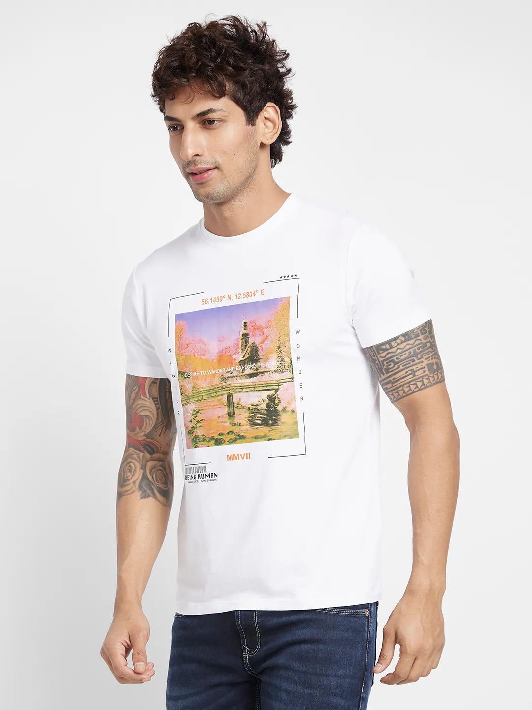 White Regular Fit Round Neck Men's T-Shirt by Being Human Clothing