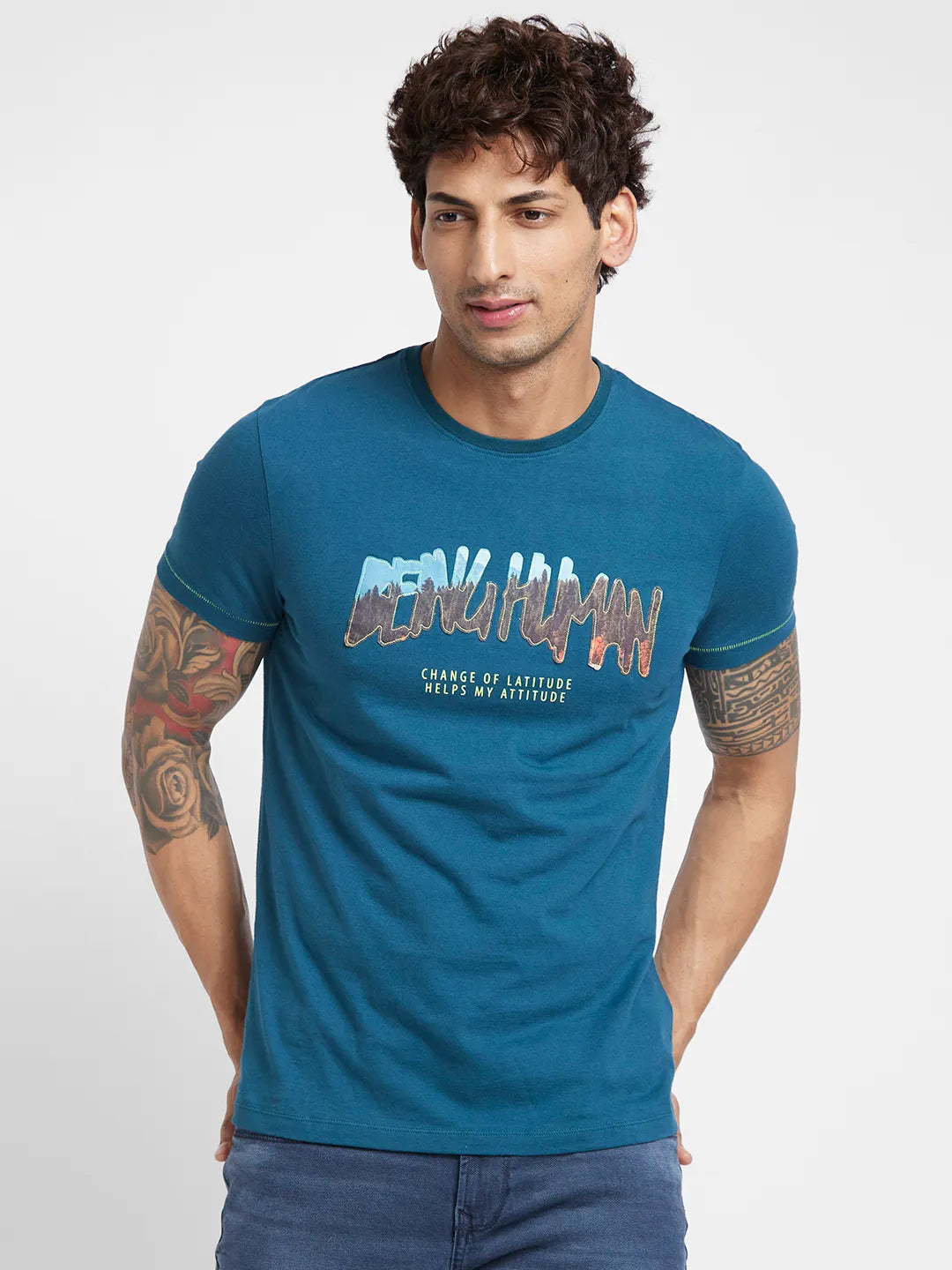 Deep Teal Regular Fit Round Neck Men's T-Shirt by Being Human Clothing