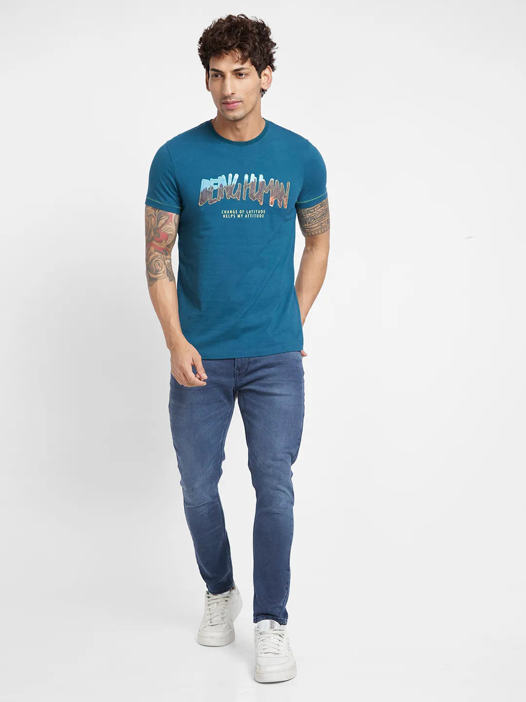 Deep Teal Regular Fit Round Neck Men's T-Shirt by Being Human Clothing