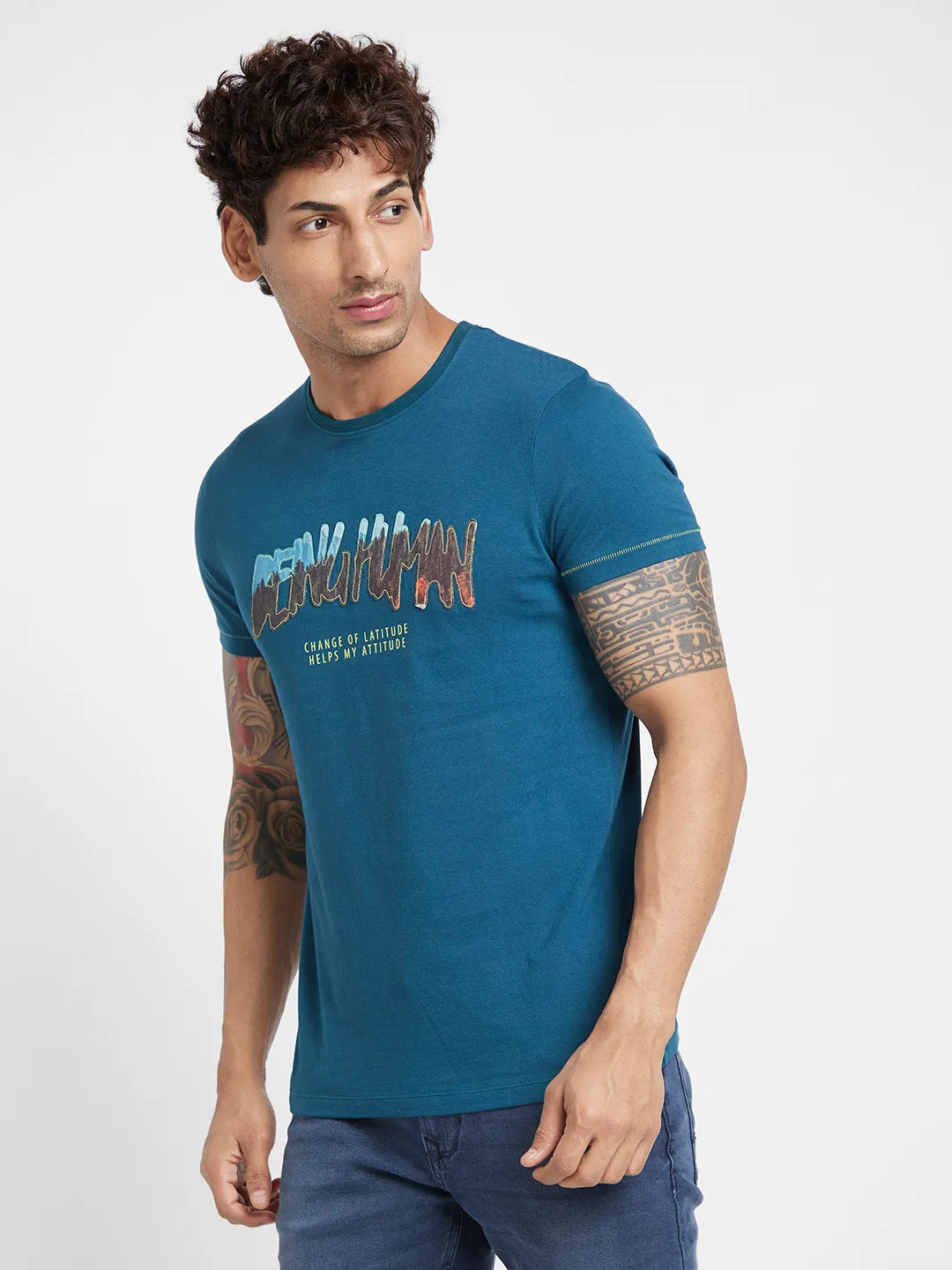 Deep Teal Regular Fit Round Neck Men's T-Shirt by Being Human Clothing