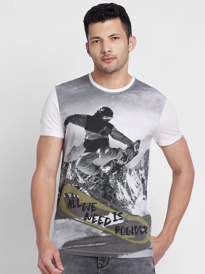 White Regular Fit Round Neck Men's Printed T-Shirt by Being Human Clothing
